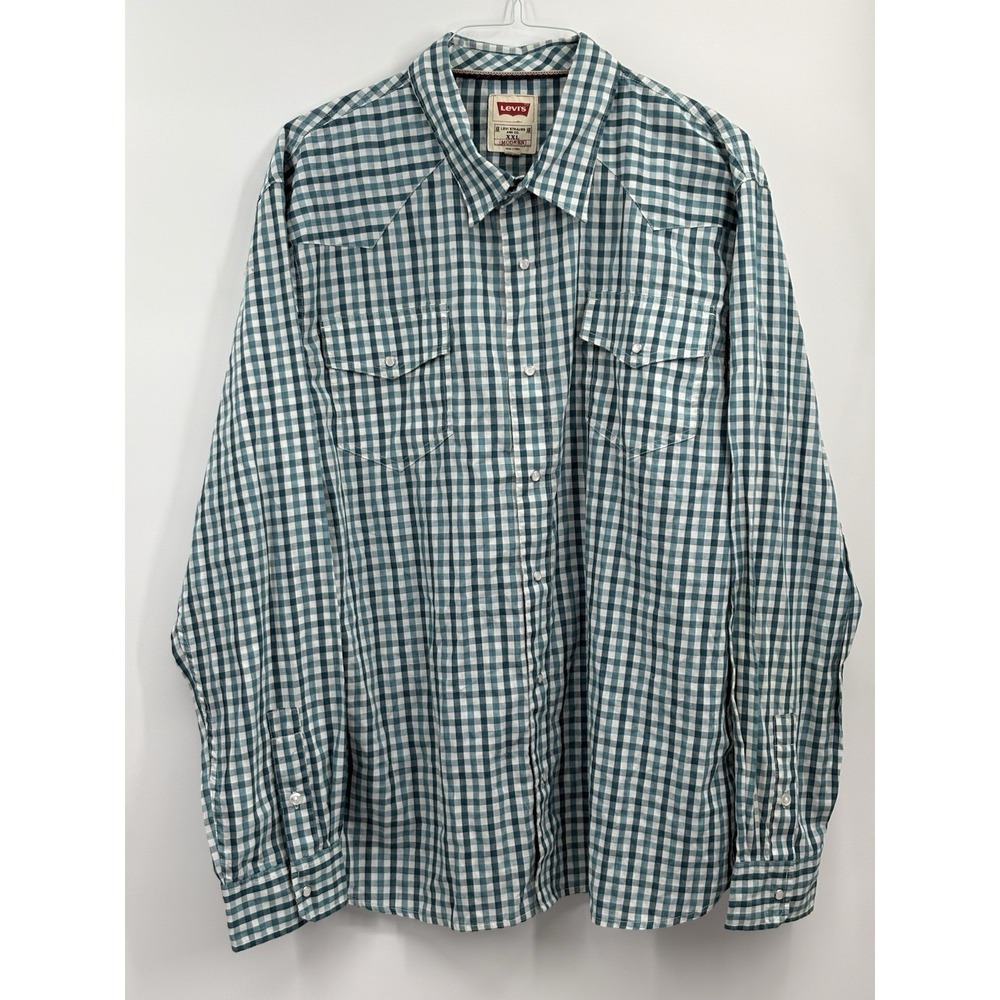 Mens Levi's Western Shirt XXL Gingham Check Pearl Snap Button Modern Fit Teal
